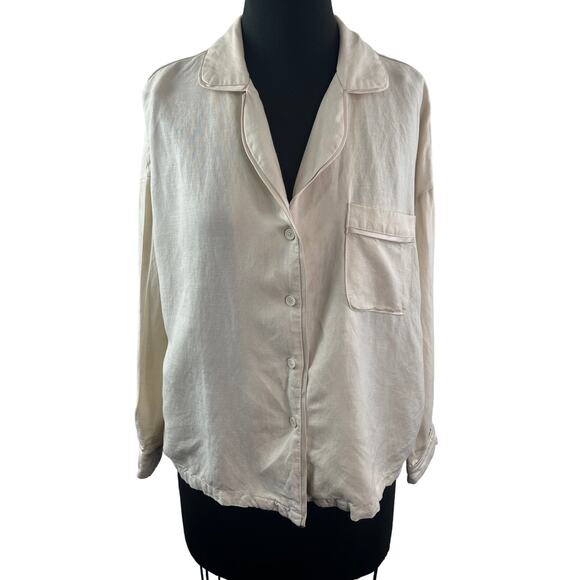 Bohme Beige Hawaiian Top Linen Collared Long Sleeve Classic Button-Up Size Small - Picture 2 of 10